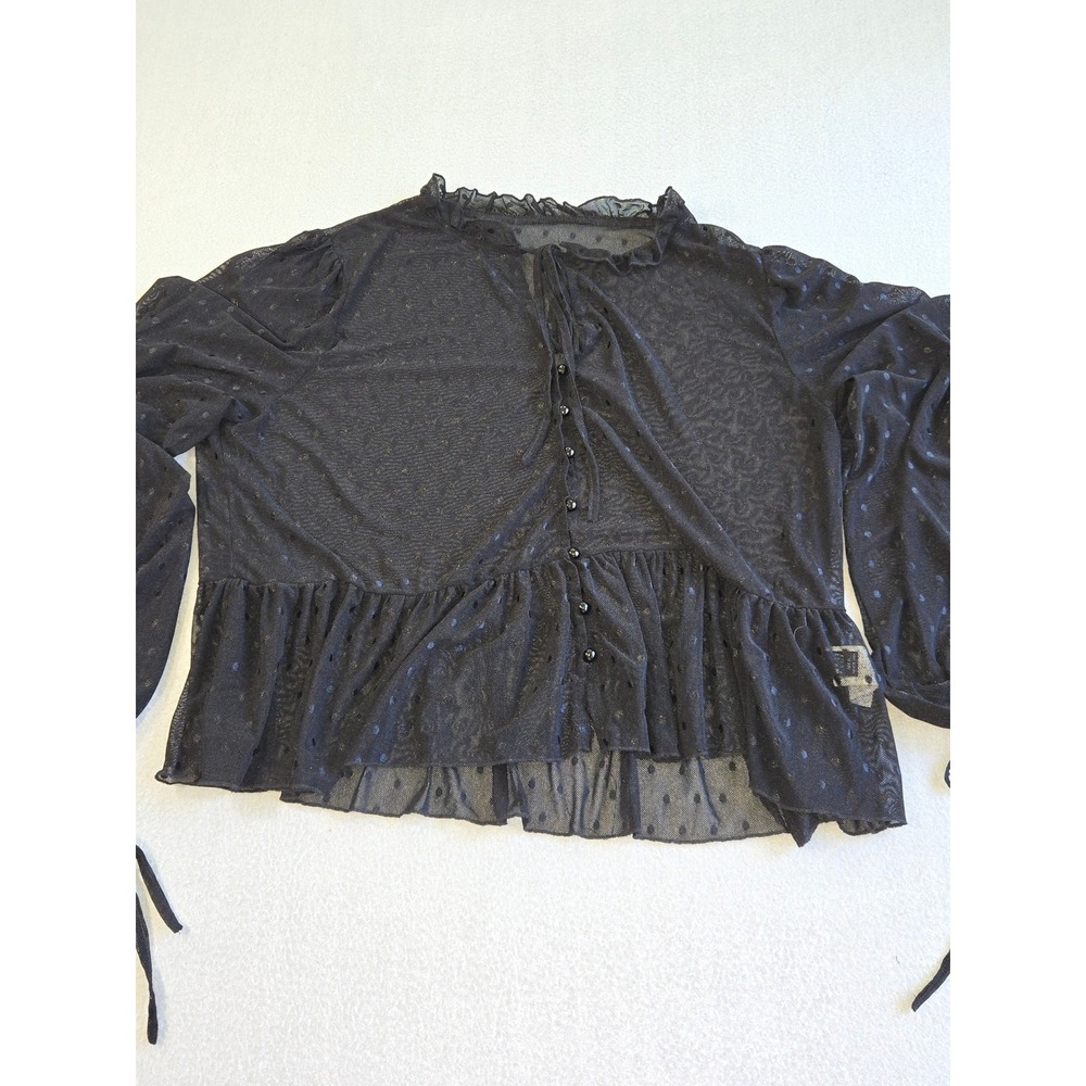 West Fade Peplum Blouse Womens XL Black Sheer Mesh Swiss Dot Ruffle Button Front